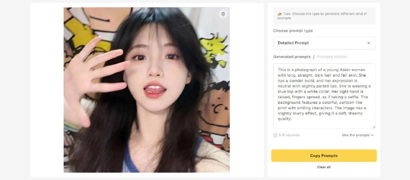 #Prompt #AI AI Image To Prompt Generator 图片转 AI 提示词工具，上传 JPG/PNG/WEBP 图片，即可生成三种风格的 Prompt，分别是简洁说明、详细提示和创意描写，并附带重点视觉元素标签，且针对 Midjourney、Stable Diffusion 等主流绘图平台进行了优化，即取即用，完全免费，无需注册