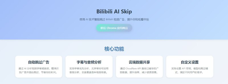 #Bilibili #广告拦截 #插件 Bilibili AI Skip 基于 AI 的 B 站广告跳过插件，原理是通过字幕或音频分析识别广告内容，并自动跳转至广告结束位置，优先分析字幕，若无字幕则启用音频分析，支持广告数据云端共享，使用需设置 API Key ，免费开源